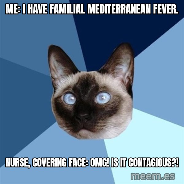 Chronic Illness Cat meme: Me: I have Familial Mediterranean Fever. / Nurse, covering face: OMG! Is It Contagious?!
