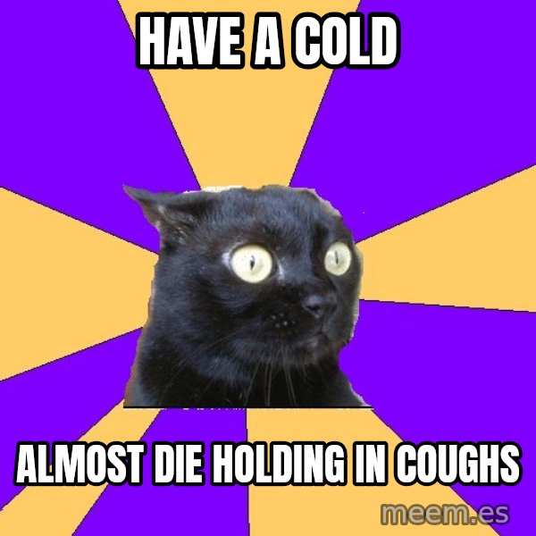 Anxiety Cat meme: Have a Cold / Almost die holding in coughs