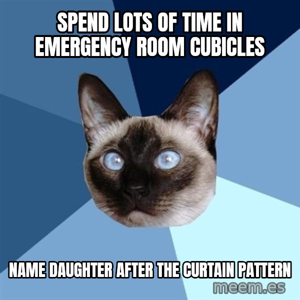 Chronic Illness Cat meme: Spend lots of time in emergency room cubicles / name daughter after the curtain pattern