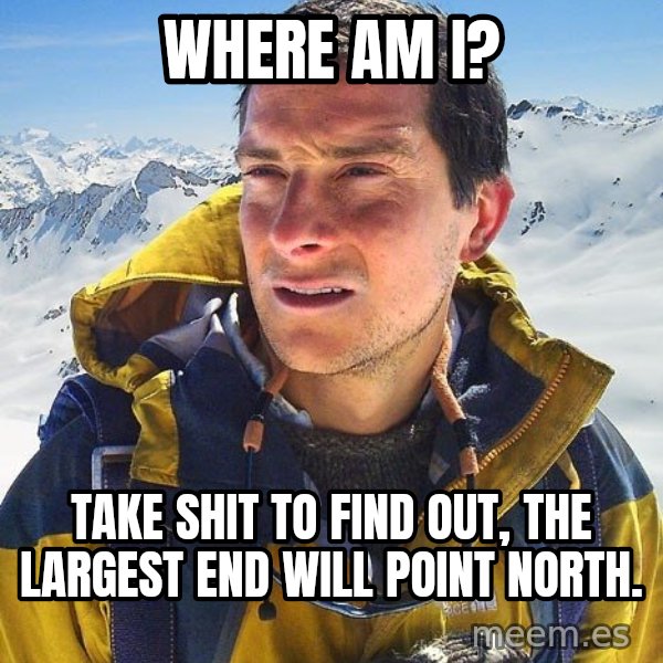 Bear Grylls meme: where am i? / take  shit to find out, the largest end will point north.