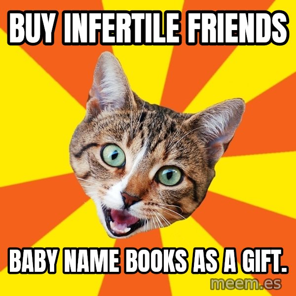 Bad Advice Cat meme: Buy Infertile Friends / Baby Name Books as a gift.
