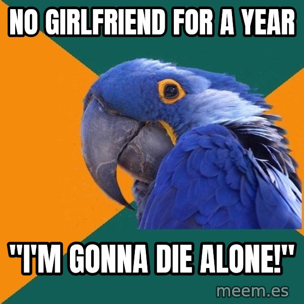 Paranoid Parrot meme: No girlfriend for a year / "I'm gonna die alone!"