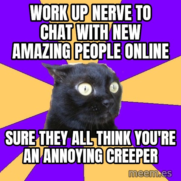 Anxiety Cat meme: work up nerve to chat with new amazing people online / Sure they all think you're an annoying creeper