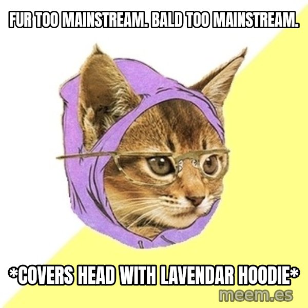Hipster Kitty meme: fur too mainstream. bald too mainstream. / *covers head with lavendar hoodie*