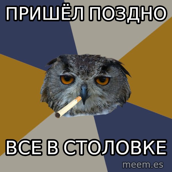 Art Student Owl meme: пришёл поздно / все в столовке