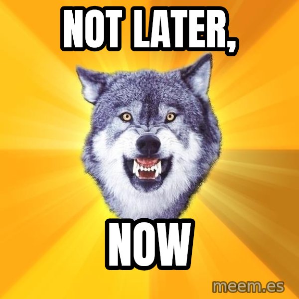 Courage Wolf meme: Not later, / now