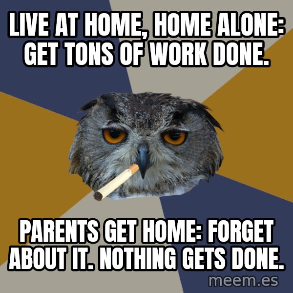 Art Student Owl meme: live at home, home alone: get tons of work done. / Parents get home: forget about it. nothing gets done.