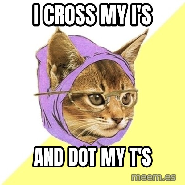 Hipster Kitty meme: I CroSS MY i's / and dot my t's