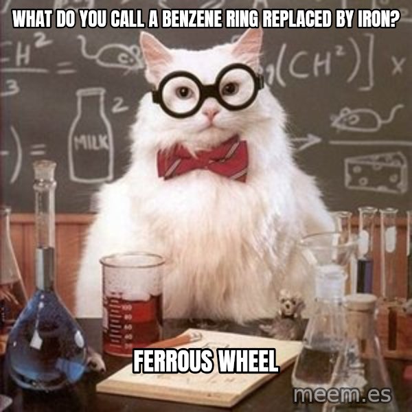 Chemistry Cat meme: what do you call a benzene ring replaced by iron? / ferrous wheel
