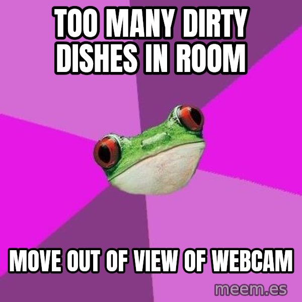 Foul Bachelorette Frog meme: too many dirty dishes in room / Move out of view of webcam