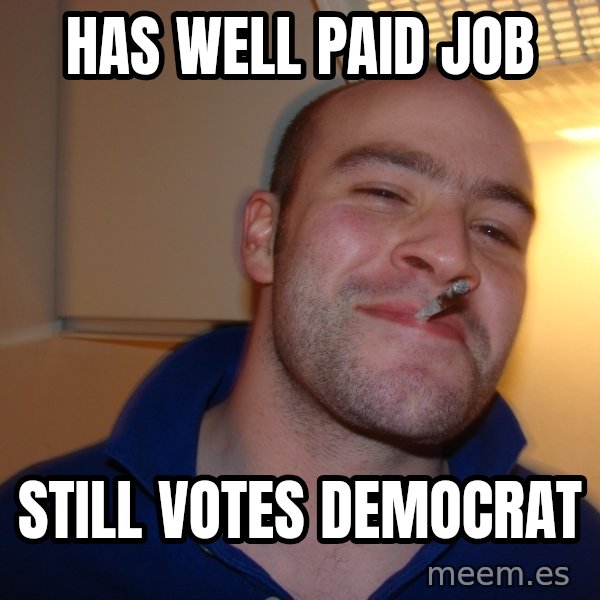 Good Guy Greg meme: Has well paid job / still votes democrat