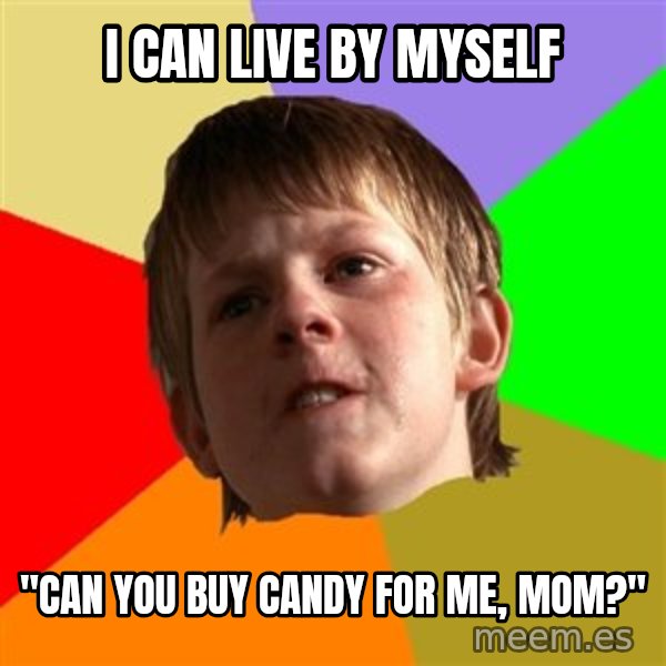 Angry School Boy meme: I can live by myself / "Can you buy candy for me, Mom?"