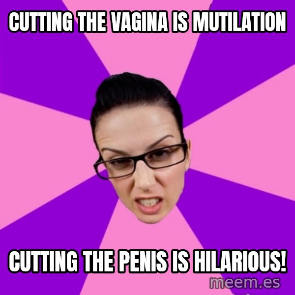 Privilege Denying Feminist meme: cutting the vagina is mutilation / cutting the penis is hilarious!