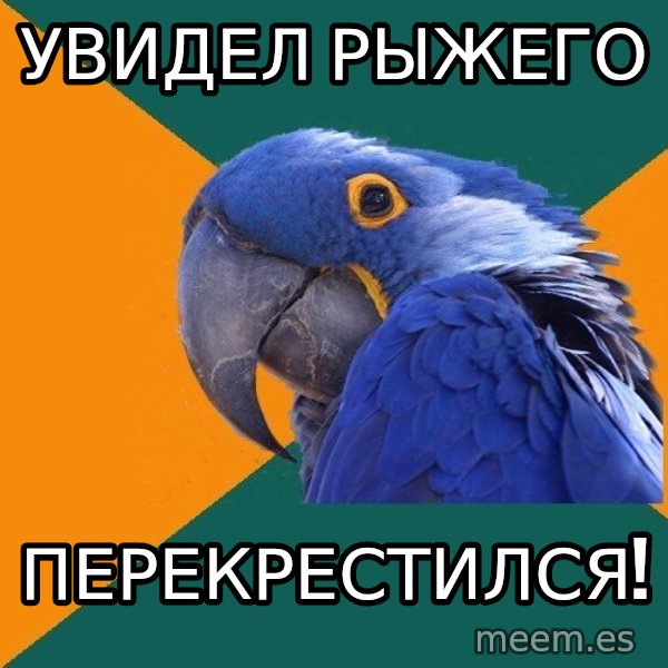 Paranoid Parrot meme: уВИДЕЛ РЫЖЕГО / перекрестился!