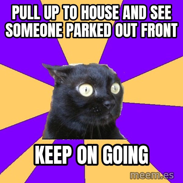 Anxiety Cat meme: PULL UP TO HOUSE AND SEE SOMEONE PARKED OUT FRONT / KEEP ON GOING