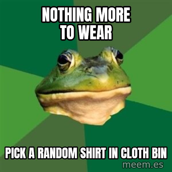 Foul Bachelor Frog meme: nothing more to wear / pick a random shirt in cloth bin