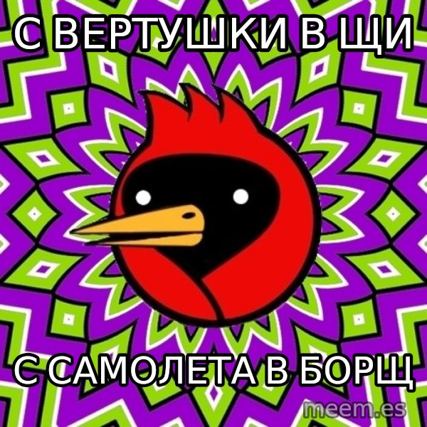 Omsk Crow meme: С вертушки в щи / с самолета в борщ