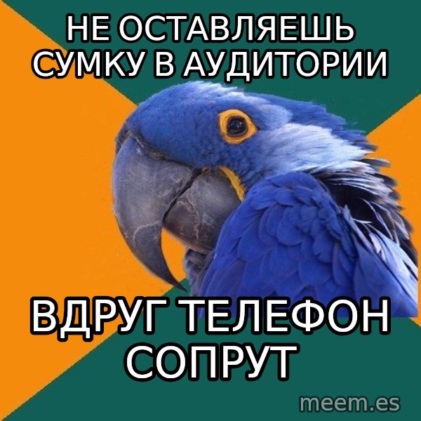 Paranoid Parrot meme: не оставляешь сумку в аудитории / вдруг телефон сопрут