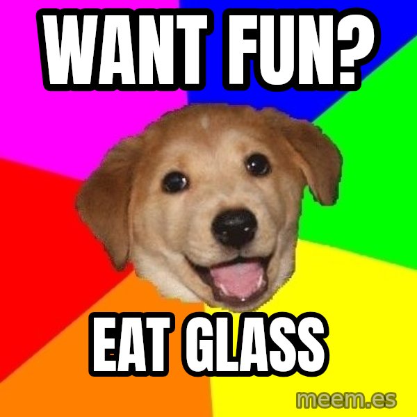 Advice Dog meme: WANT FUN? / EAT GLASS