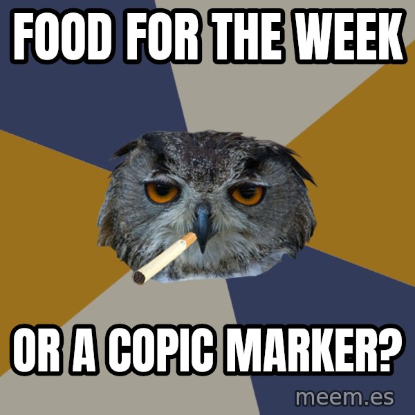 Art Student Owl meme: FOOD FOR THE WEEK / OR A COPIC MARKER?