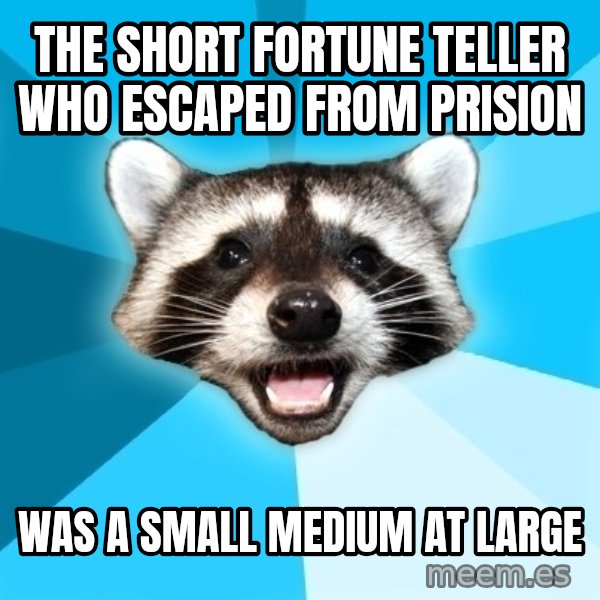 Lame Pun Coon meme: The short fortune teller who escaped from prision / was a small medium at large