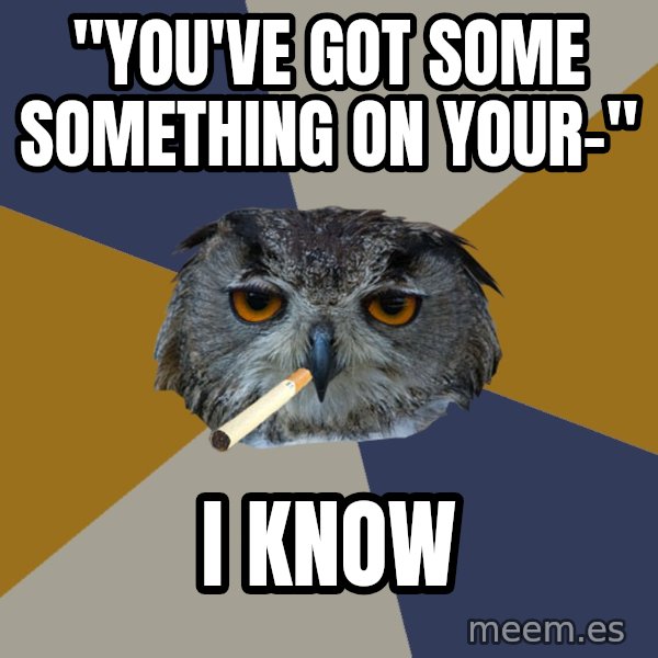 Art Student Owl meme: "You've got some something on your-" / I know