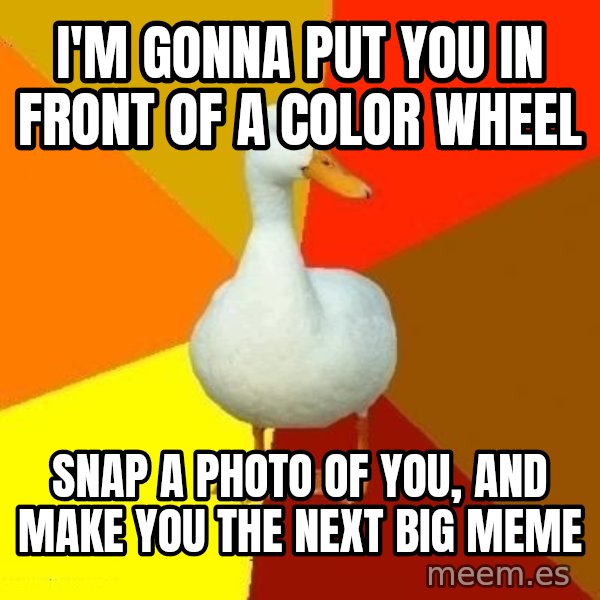 Technologically Impaired Duck meme: I'm gonna put you in front of a color wheel / snap a photo of you, and make you the next big meme