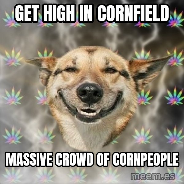 Stoner Dog meme: get high in cornfield / massive crowd of cornpeople