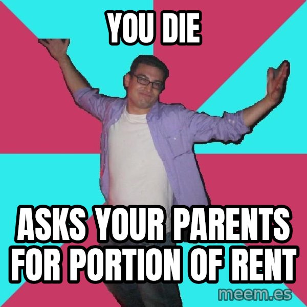 Douchebag Roommate meme: you die / asks your parents for portion of rent
