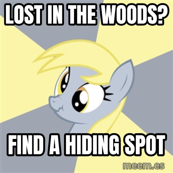 Badvice Derpy meme: lost in the woods? / find a hiding spot