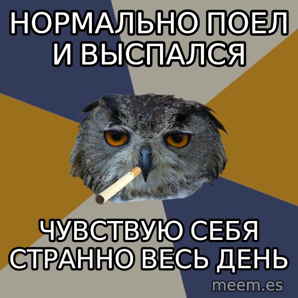 Art Student Owl meme: Нормально поел и выспался / чувствую себя странно весь день