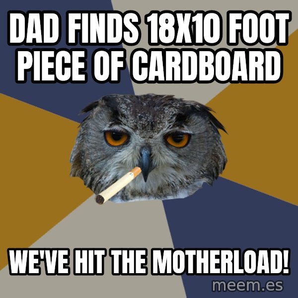 Art Student Owl meme: Dad finds 18x10 foot piece of cardboard / we've hit the motherload!