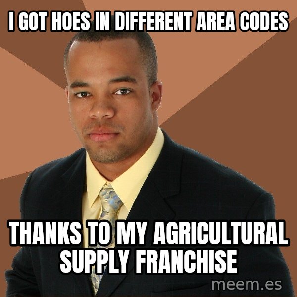 Successful Black Man meme: i got hoes in different area codes / thanks to my agricultural supply franchise