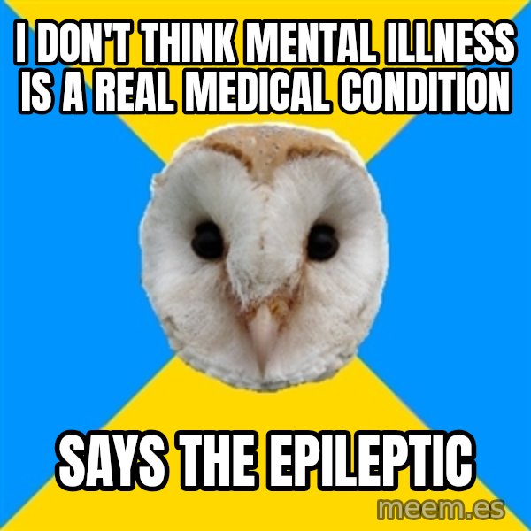 Bipolar Owl meme: i don't think mental illness is a real medical condition / says the epileptic