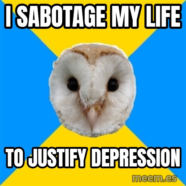 Bipolar Owl meme: i sabotage my life / to justify depression