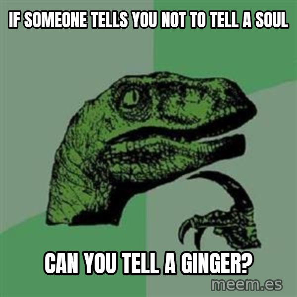 Philosoraptor meme: if someone tells you not to tell a soul / can you tell a ginger?