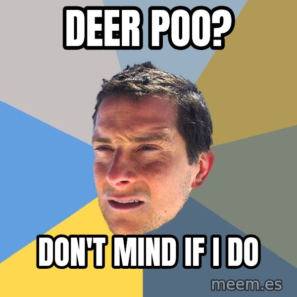 Bear Grylls meme: deer poo? / don't mind if i do