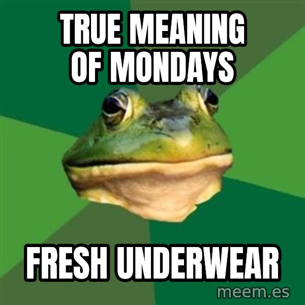 Foul Bachelor Frog meme: true meaning of mondays / fresh underwear