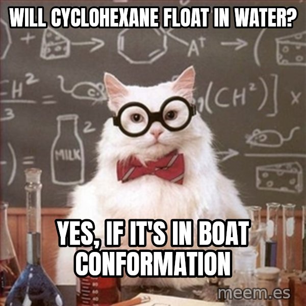Science Cat meme: Will Cyclohexane float in water? / Yes, if it's in Boat Conformation