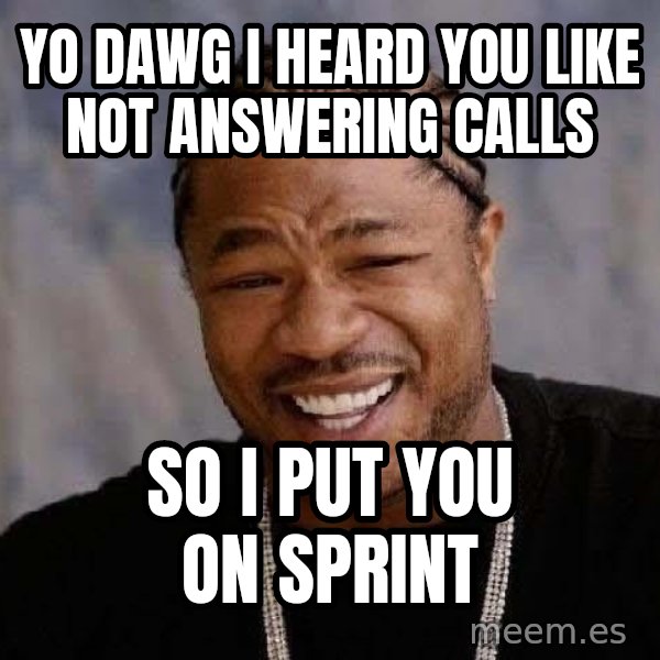 Yo Dawg meme: Yo dawg I heard you like not answering calls / So I put you on sprint