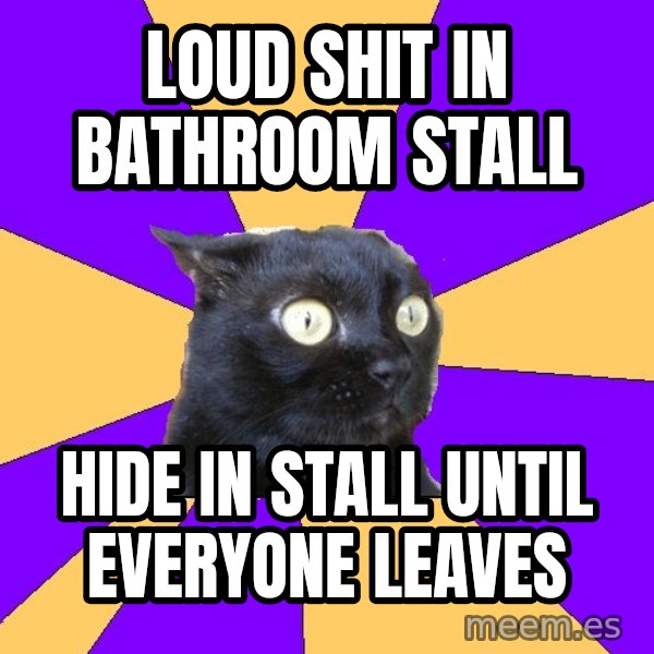 Anxiety Cat meme: LOUD SHIT IN BATHROOM STALL / HIDE IN STALL UNTIL EVERYONE LEAVES