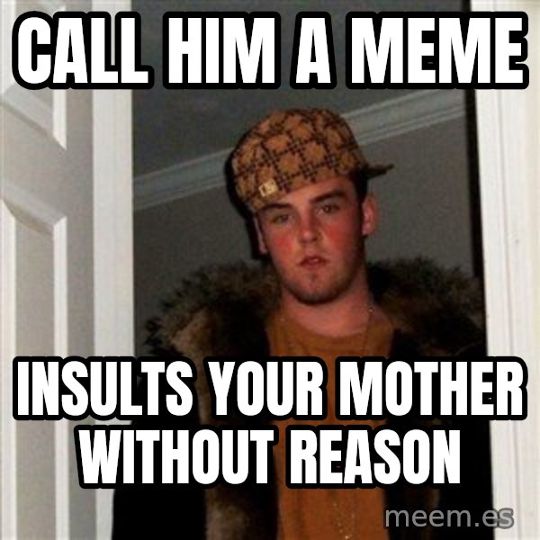 Scumbag Steve meme: Call him a meme / Insults your mother without reason