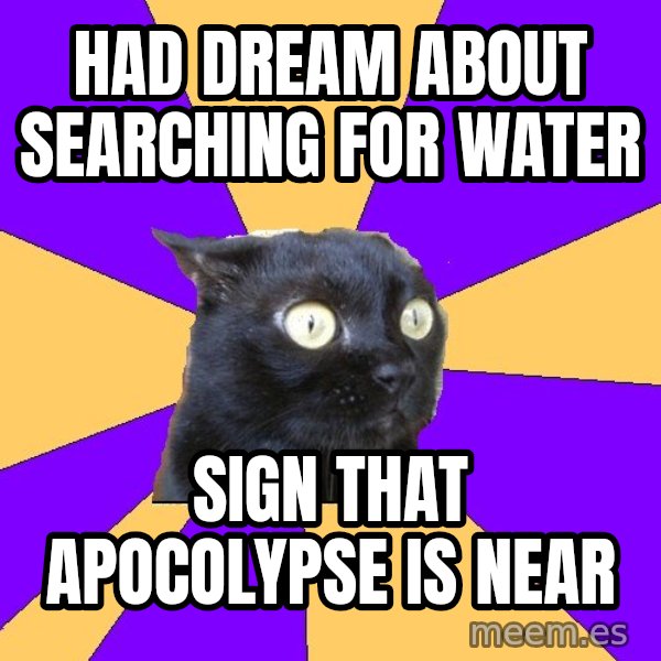 Anxiety Cat meme: had dream about searching for water / sign that apocolypse is near