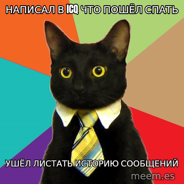 Business Cat meme: написал в icq что пошёл спать / ушёл листать историю сообщений