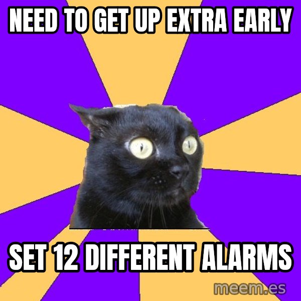 Anxiety Cat meme: nEED TO GET UP EXTRA EARLY / sET 12 DIFFERENT ALARMS