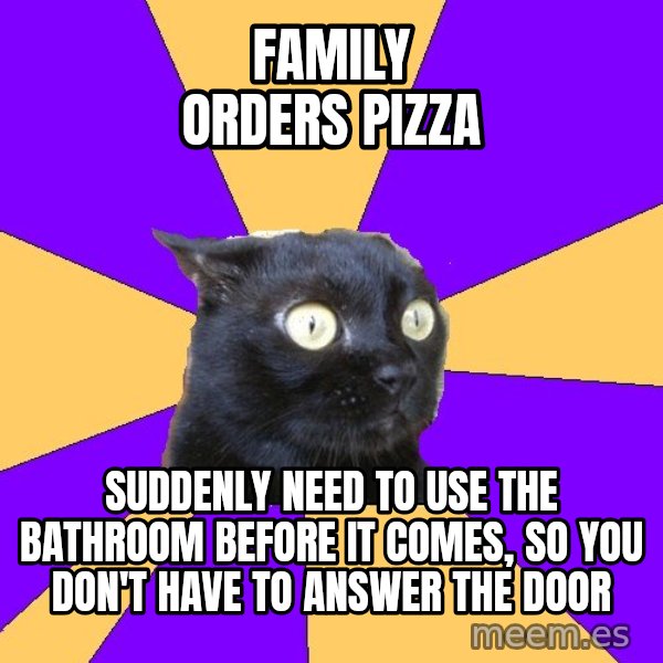 Anxiety Cat meme: family orders pizza / suddenly need to use the bathroom before it comes, so you don't have to answer the door