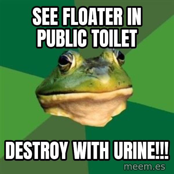 Foul Bachelor Frog meme: see floater in public toilet / destroy with urine!!!