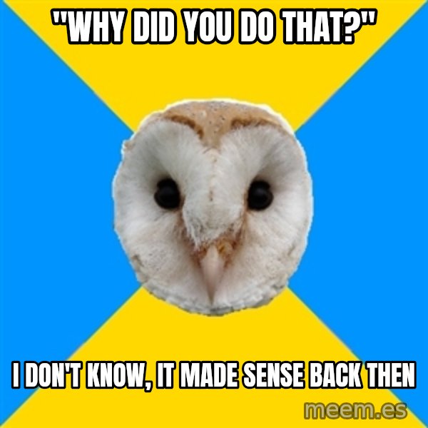 Bipolar Owl meme: "WHY DID YOU DO THAT?" / I DON'T KNOW, IT MADE SENSE BACK THEN