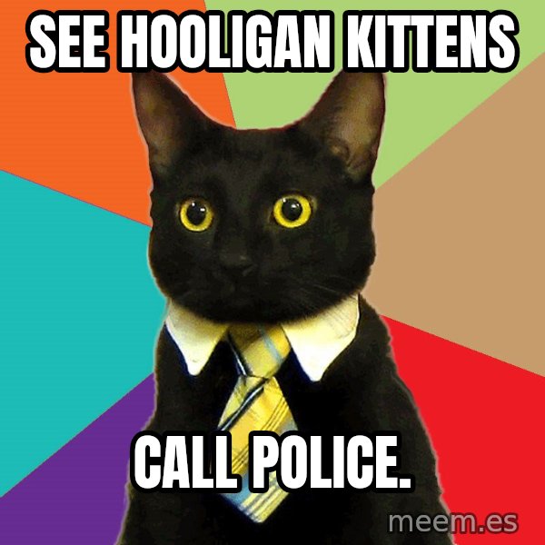 Business Cat meme: see hooligan kittens / call police.