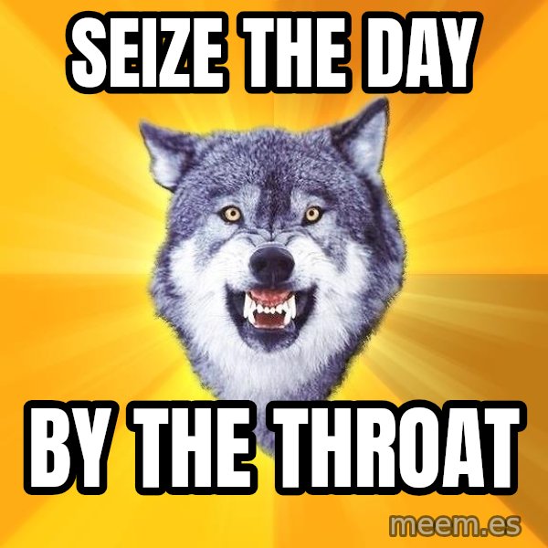 Courage Wolf meme: Seize The DAY / BY THE THROAT